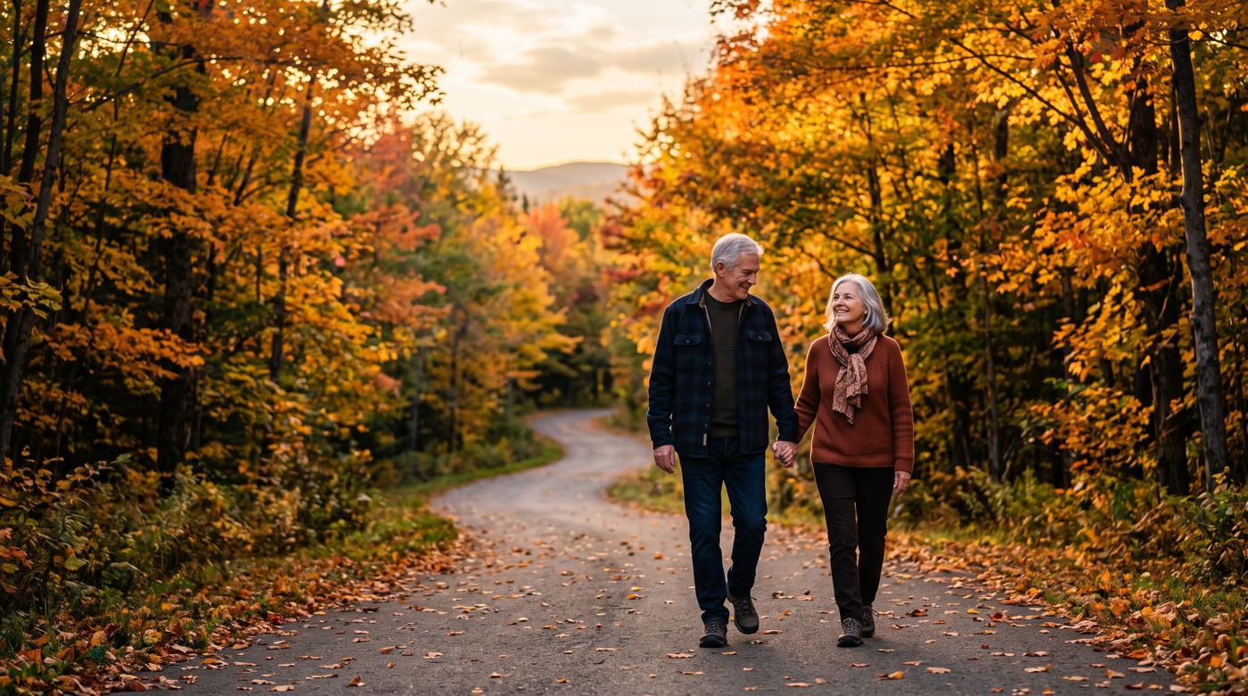 Couple de retraités marchant dans un parc québécois en automne