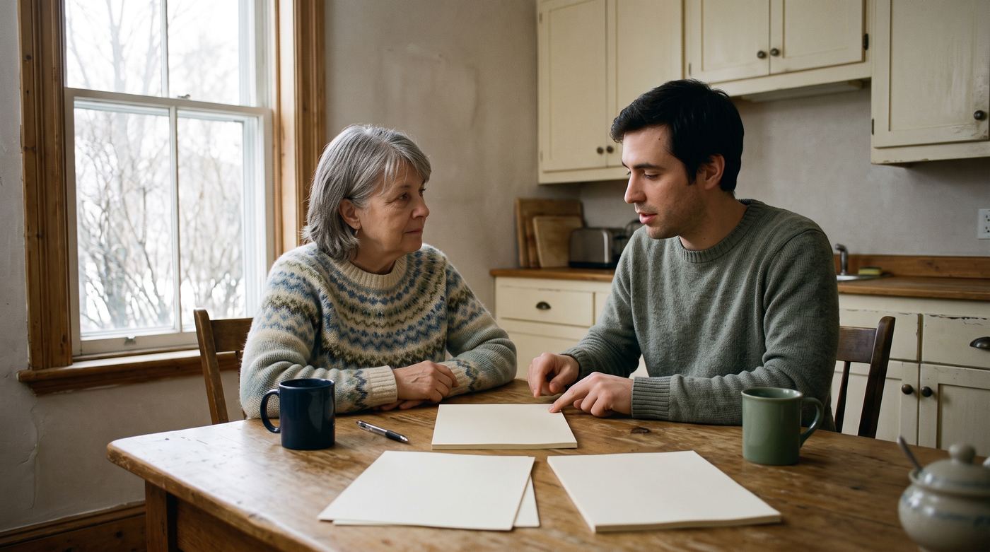 Une femme dans la soixantaine et son fils adulte remplissent des formulaires administratifs à la table d'une cuisine québécoise