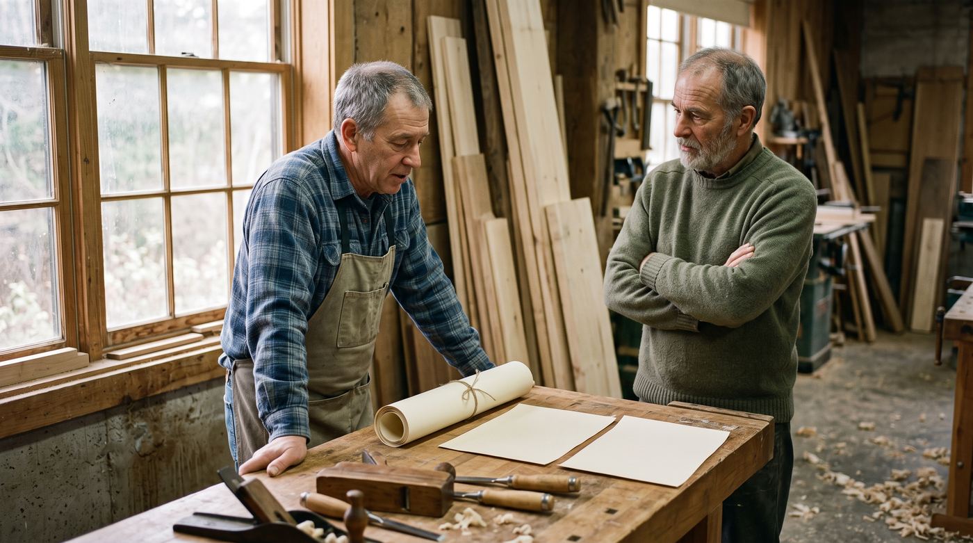 Deux associés dans la soixantaine discutent dans l'atelier de leur petite entreprise québécoise, plans et registres sur l'établi