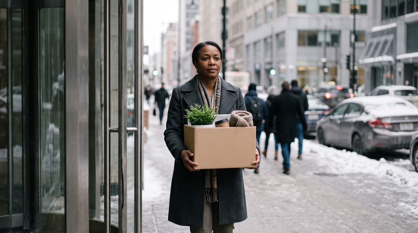 Une employée québécoise quitte le bureau avec une boîte de ses effets personnels, le dernier jour de son emploi