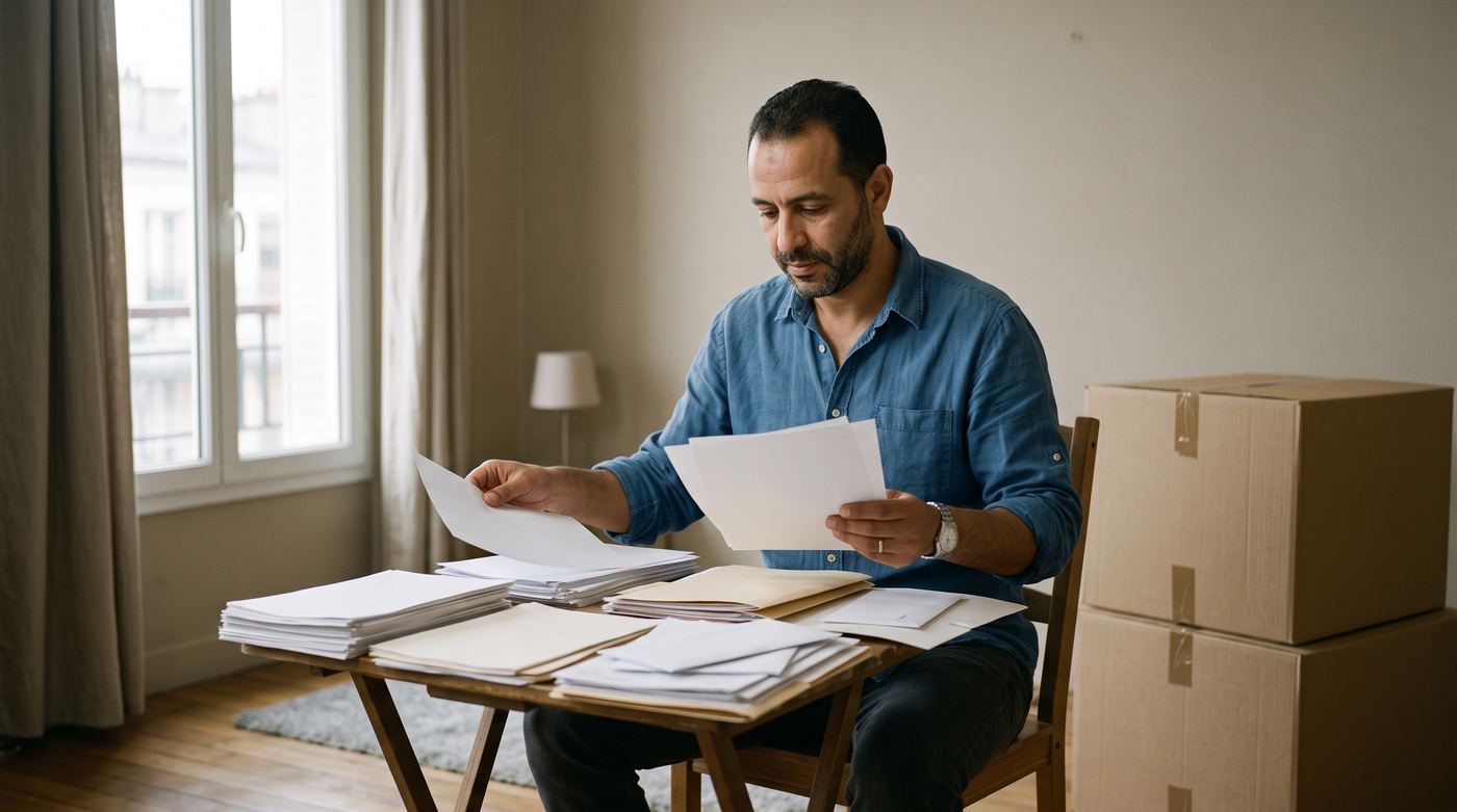 Un homme dans la quarantaine trie des documents personnels et des polices d'assurance sur la table de son nouvel appartement