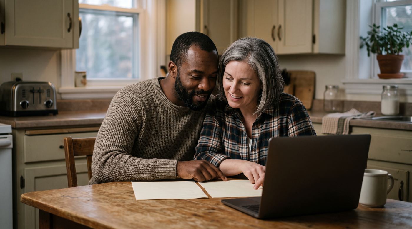 Un couple dans la quarantaine assis à la table de cuisine, comparant deux documents d'assurance vie devant un ordinateur portable