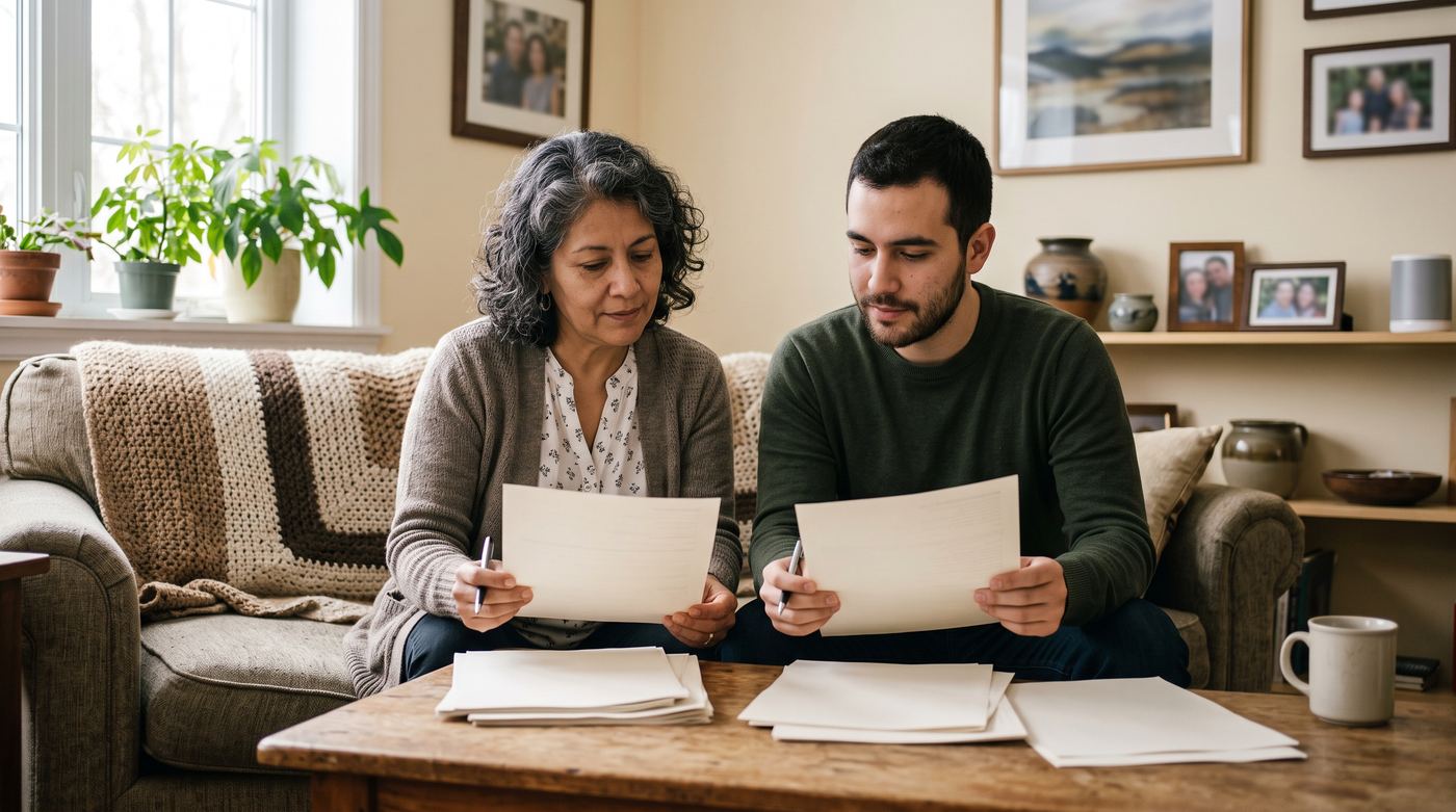Une femme dans la cinquantaine et son fils adulte examinent des documents administratifs dans le salon d'une maison québécoise