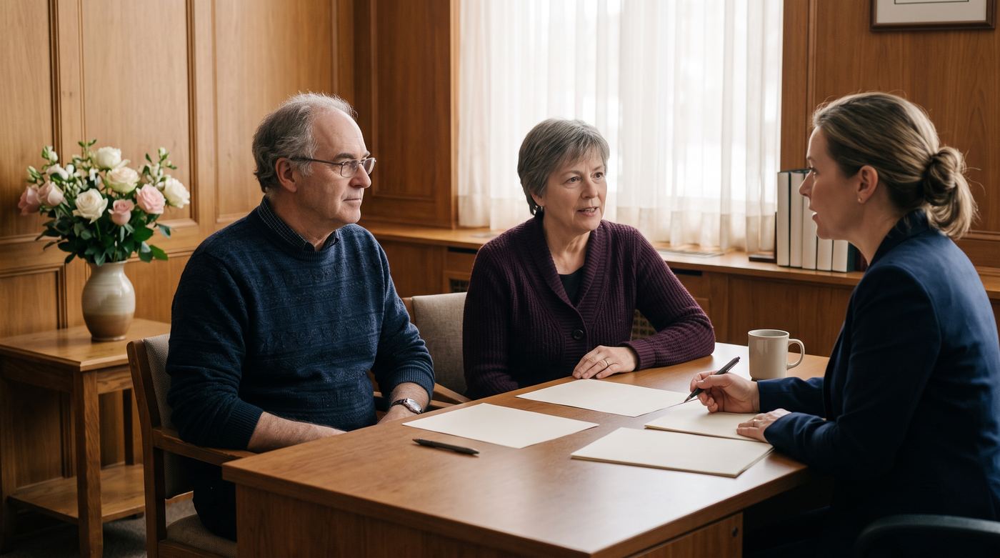 Un frère et une soeur d'âge mûr discutent calmement avec une conseillère dans le bureau d'une maison funéraire québécoise