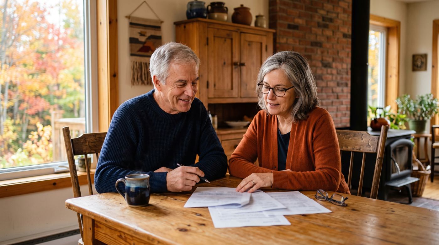 Un couple de retraités québécois assis à la table de cuisine, révisant ensemble des documents d'assurance à la lumière du matin