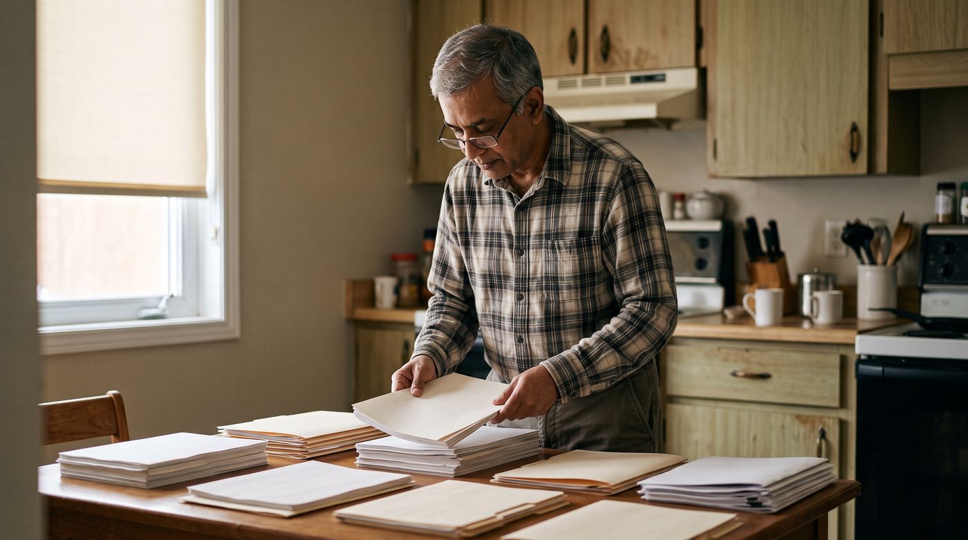 Un homme d'une soixantaine d'années classe des documents et des relevés bancaires étalés sur une table de cuisine
