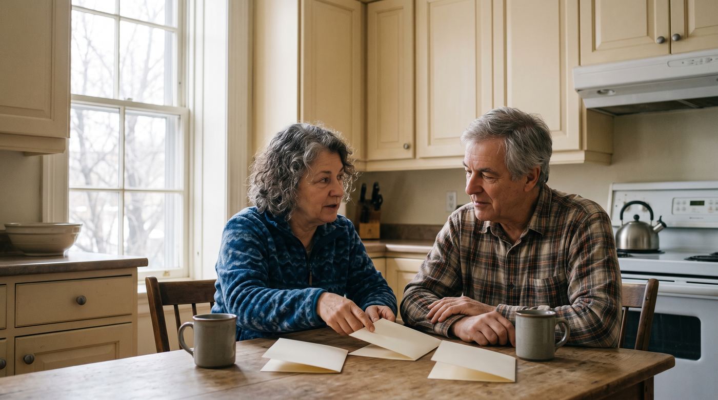 Une femme de soixante ans discute avec son conjoint à la table de cuisine, des brochures d'assurance étalées devant eux