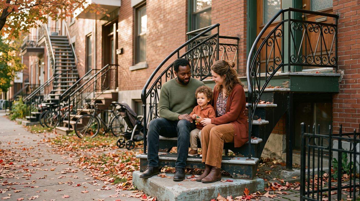Un couple dans la trentaine assis sur le perron de leur maison avec leur jeune enfant, par un après-midi d'automne